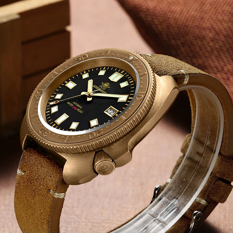 ADDIESDIVE gran oferta CUSN8 caja de bronce reloj para hombre C3 cristal de zafiro superluminoso 20Bar reloj mecánico automático resistente al agua