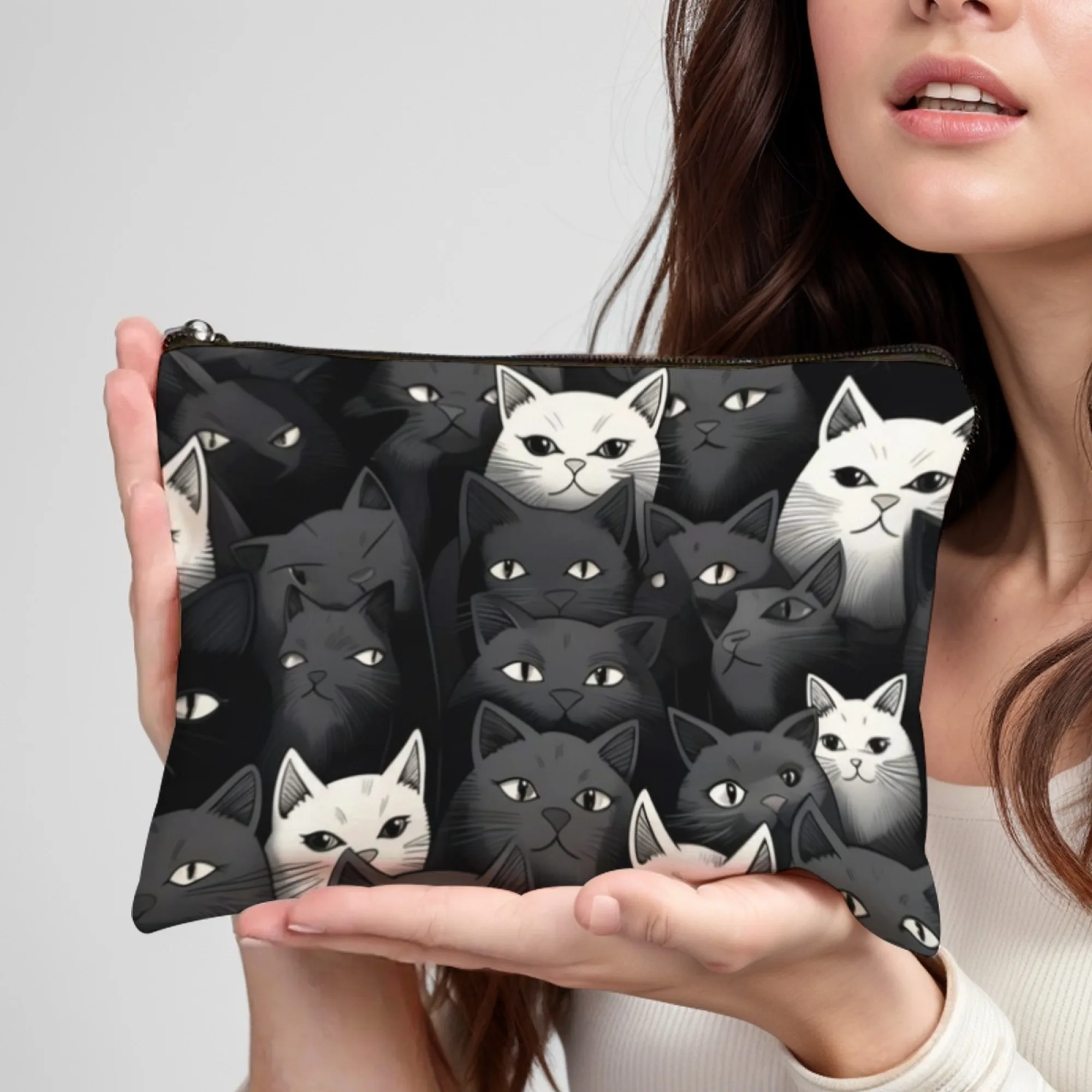 

Black-and-White Cat Motif Cosmetic Pouch Minimalist Stylish Style - Versatile for Travel Makeup Toiletry & Office Essentials