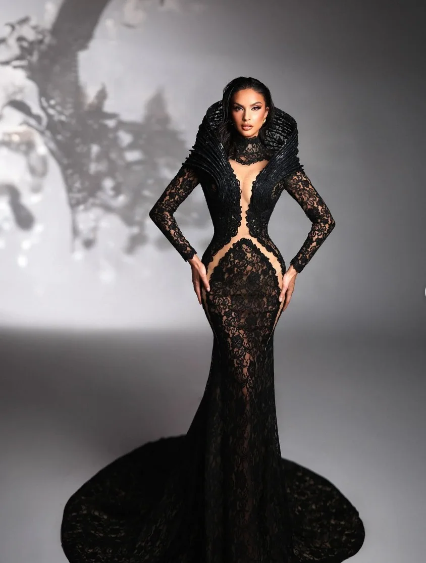 Party-Abendkleider, Maxikleid mit Spitzenakzent, hoher Ausschnitt, Ausschnitt, Tüllstoff, lange Ärmel, bodenlang, Cocktailkleid