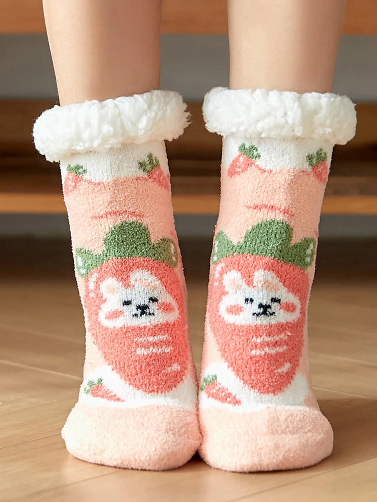 Coral Velvet Colorful Women Socks Cartoon Printed Girls Creative Fun Thick Warm Cute Elk Snowman Deer Santa Claus Christmas Gift