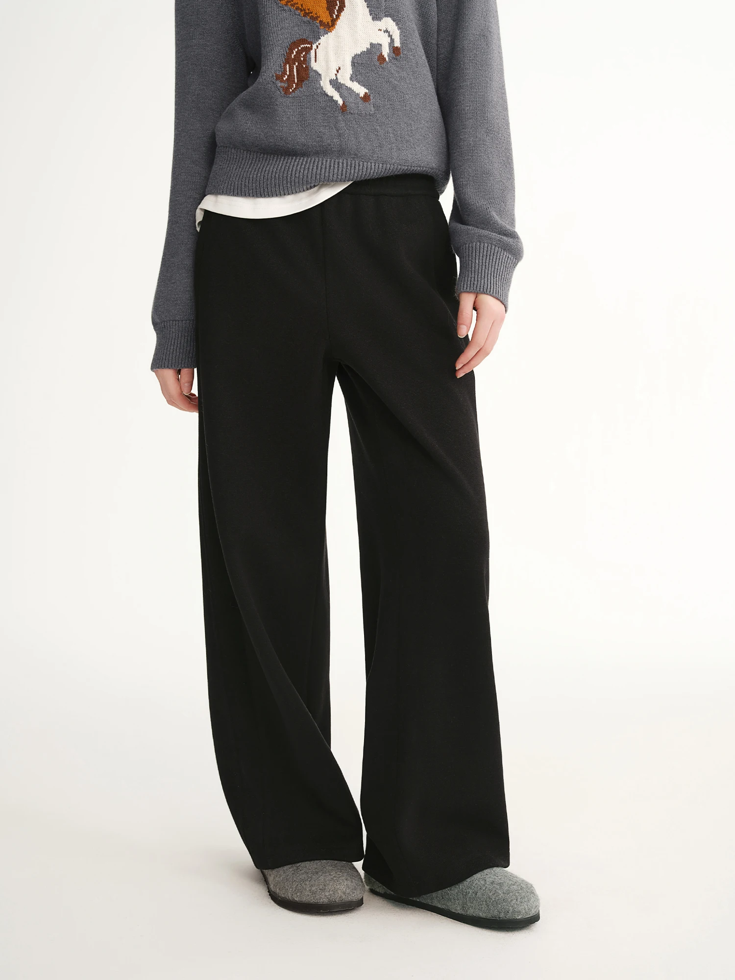 DUSHU Plus Size High Waist Fleece Lined Straight Leg Pants Winter Warm Elastic Waist Casual Trousers Cozy Plush Casual Pants