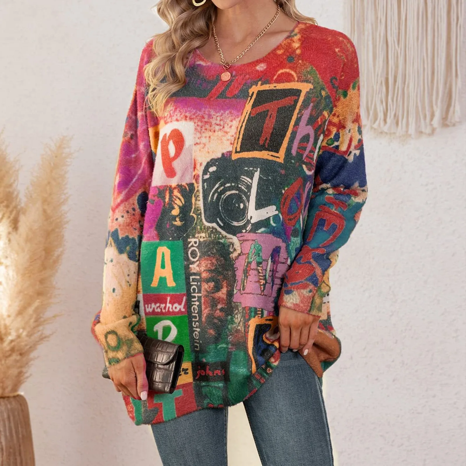 2024 Autumn Winter Women Pullover Sweater Long Sleeve Oversized Graphic Knitted Sweater Crew Neck Loose Vintage Female Jumpers