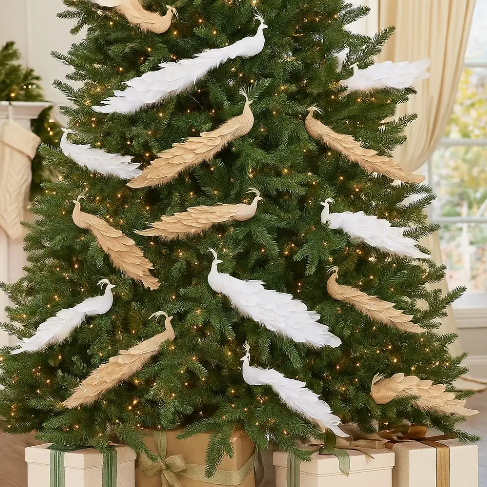 

Colorful Artificial Christmas Peafowl Long Tail Glitter Feather Simulation Peacock with Clip Realistic Crafts