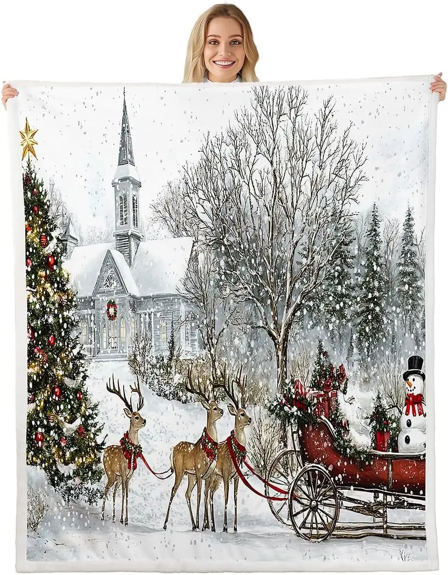 Kids Merry Christmas Sherpa Blanket Christmas Snow Winter Theme Twin Fleece Blanket, Reindeer Christmas Decoration Fuzzy Blanket