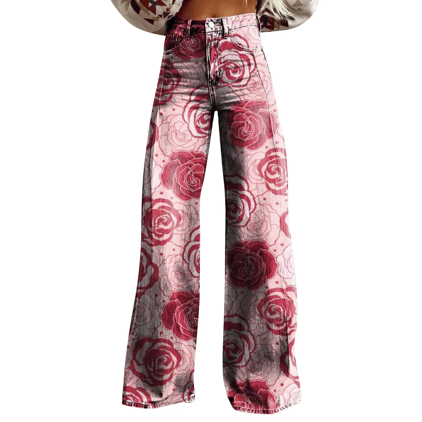 

Wide Leg Flare Jeans For Women With Pockets Baggy Pants Vintage Floral Print High Waisted Loose Pant Jeans Women Jean Pant Women