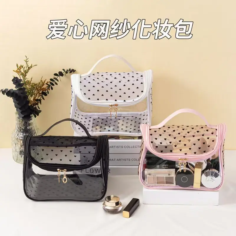 Transparent Mesh Cosmetic Bag women Makeup Bag Double Zipper PVC Waterproof Makeup Pouch Toilet Wash Bag Large Protable Handbag