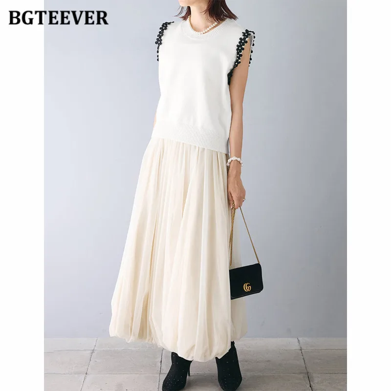 BGTEEVER Lente Zomer Losse Elegante Dames Patchwork Gebreide Tank Tops Mode O-hals Dames Mouwloze Vesten