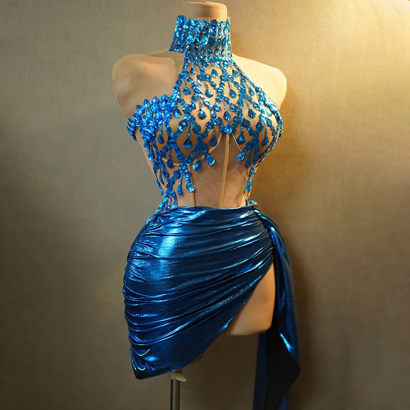 Sexy 2 Piece Singer Stage Performance Costume Handmade Blue Rhinestone Dress Birthday Party Outfit Set Nightclub Pole Dance Wear