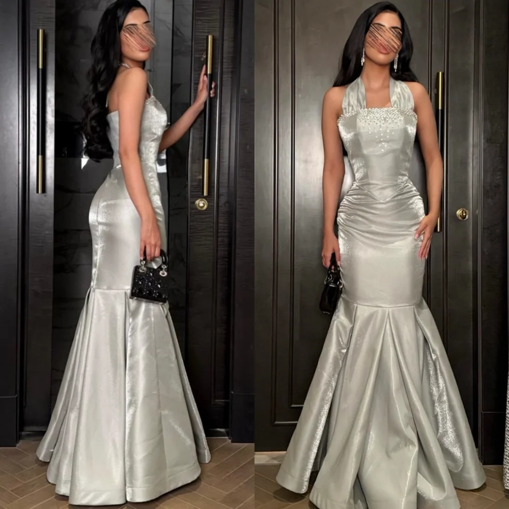 

Customized Mermaid Elegant Satin Evening Dresses Classic Halter Sleeveless Homecoming Dresses Temperament Vestido De Festa