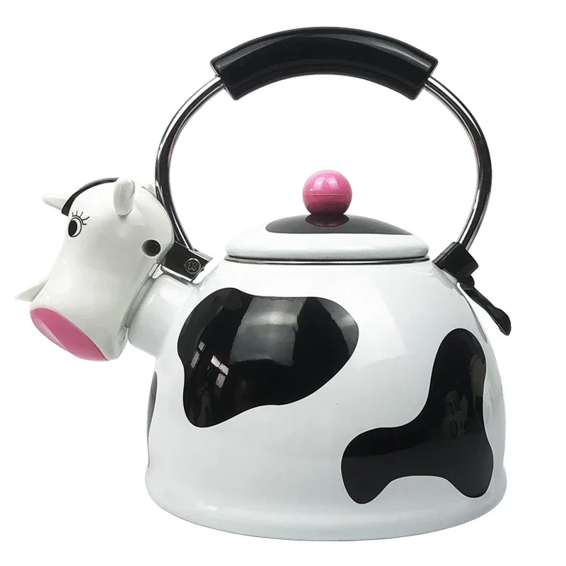 Aço inoxidável Whistle Kettle, esmalte cor café pote para gás, chama aberta, fogão de indução, desenhos animados