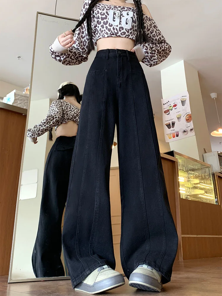 فضفاض عالية الخصر واسعة الساق الجينز المرأة الخريف جديد Sle الكمثرى القرد الجسم التخسيس ألف خط بنطلون عادية مستقيم الساق