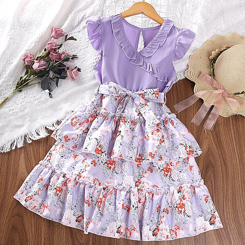 

2024 Summer New Arrival Girls Sleeveless V Neck Ruffles Sashes Floral Red Roupa Infantil Menina Cute Party Dress Custume 7-12T