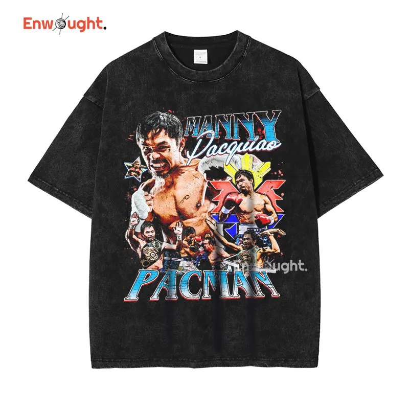 Manny Pacquiao Boxing Champion T shirt Vintage Washed Short Sleeve Tops Tees Oversized T-shirt Harajuku Sweatshirt Men Cotton