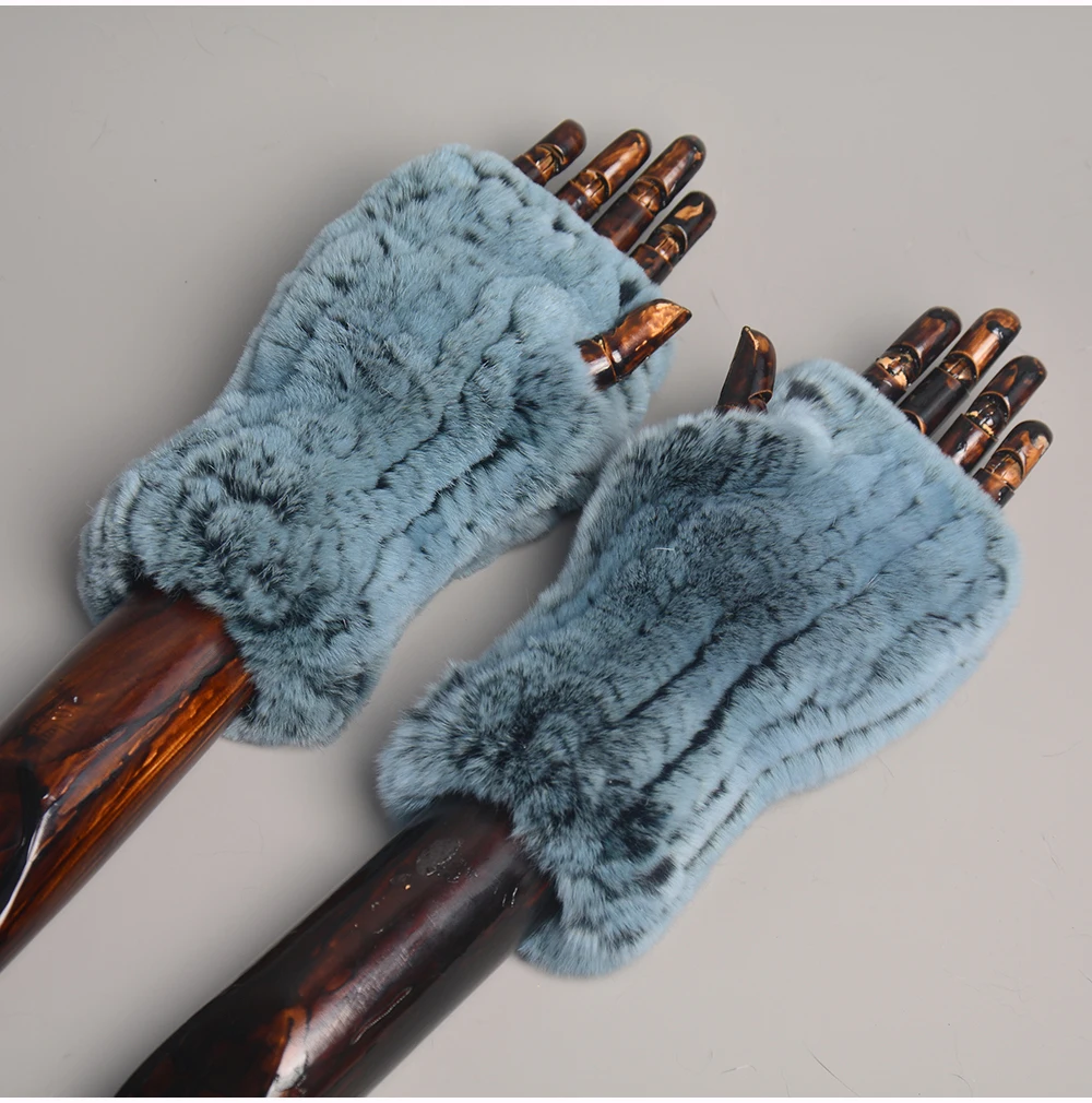 New Women 100% Real Genuine Knitted Rex Rabbit Fur Mittens Winter Warm Lady Real Fur Fingerless Gloves Handmade Knit Fur Mitten
