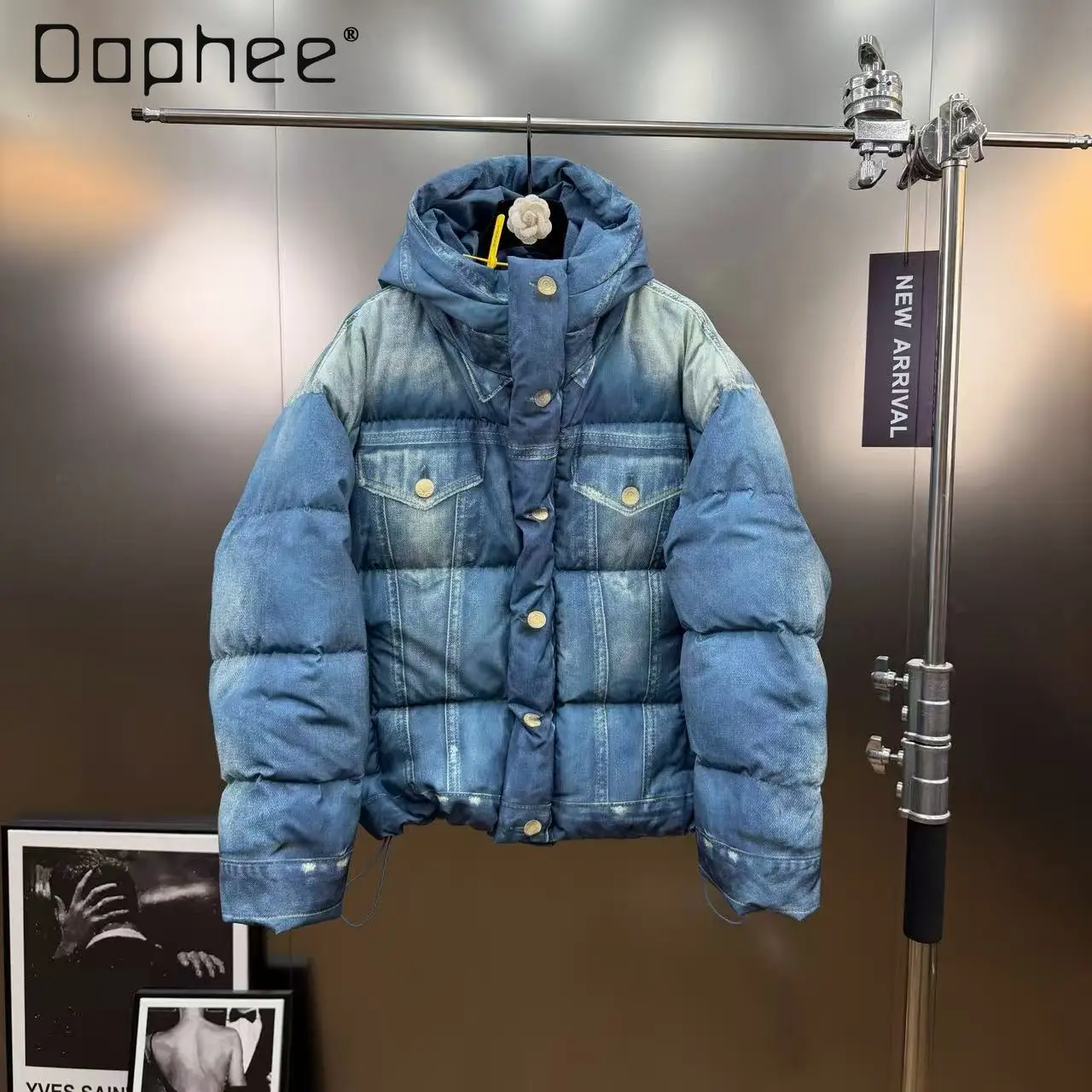 

2025 Winter Hooded Long Sleeve Trendy Retro Denim Thickened Down Jacket Women Street Punk Style Loose Slimming Warm Cotton Coat