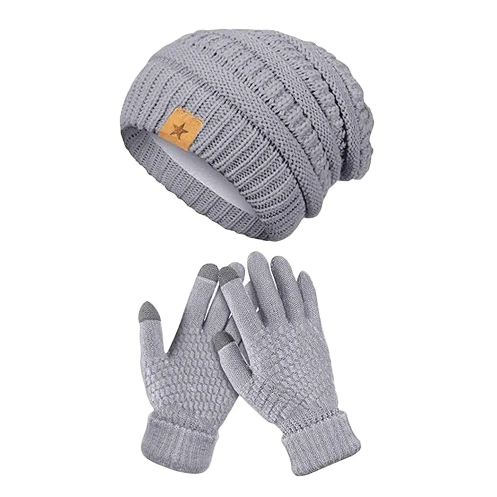 2PCS/Set Winter Beanie Hats Gloves Set Touchscreen Mitten Cold Proof Thicken Women Warm Knitted Hat Ear Protection Windproof Cap
