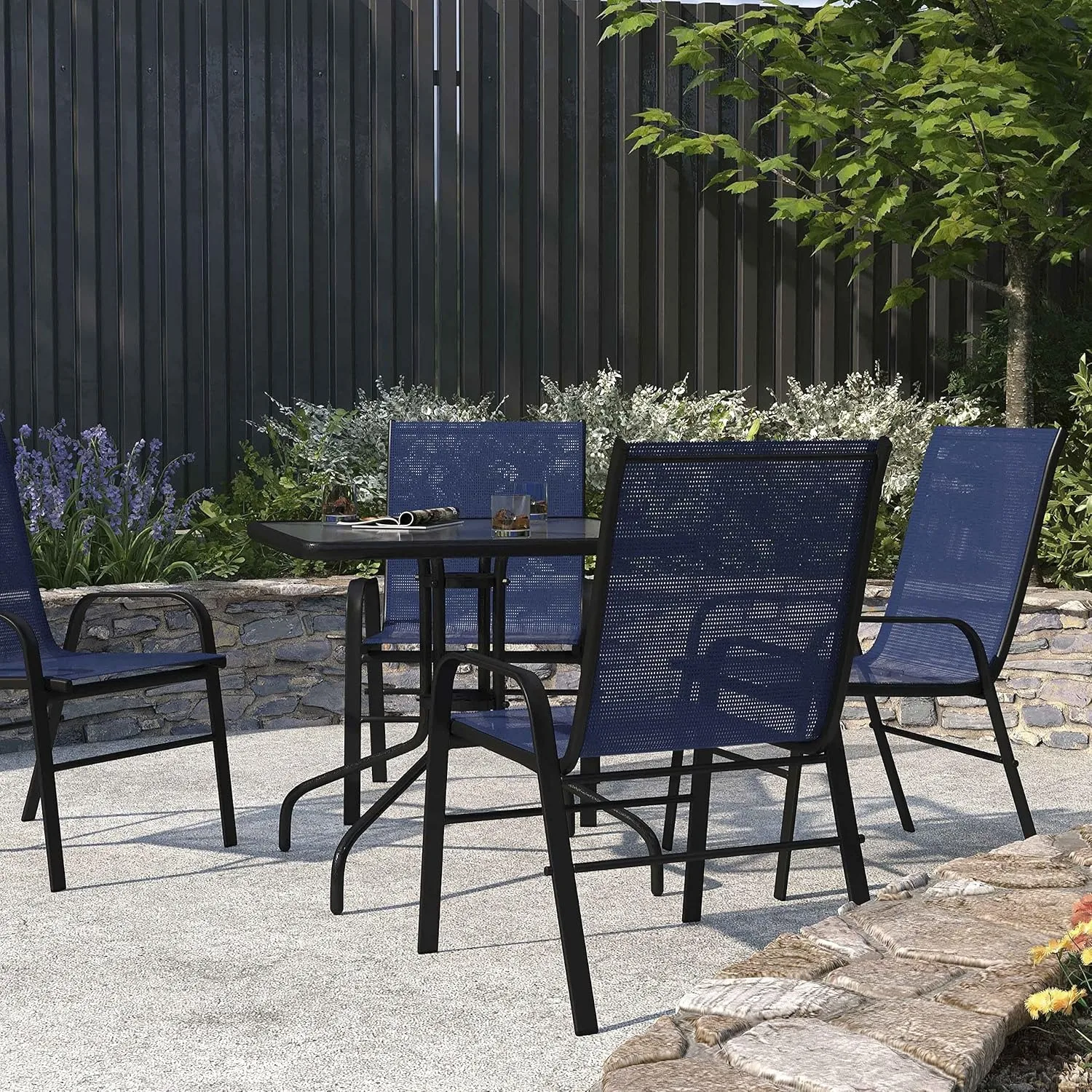 Set of 4 Manado Series Patio Chairs - Navy Flex Comfort Material - Powder Coated Metal Frame - Ships Fully Assembled