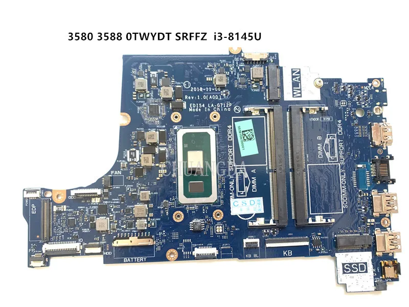 

014X91 0TWYDT 0VFMW4 Mainboard For DELL 3580 3780 Laptop Motherboard LA-G712P With SRFFZ I3-8145U CPU 100% Tested