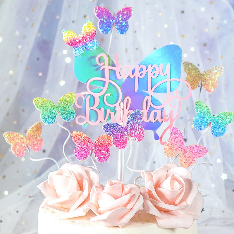 Happy Birthday Sequin Butterfly Cake Topper for Princess Girl Birthday Party Cake Decor Butterflies Wedding Party Decoration
