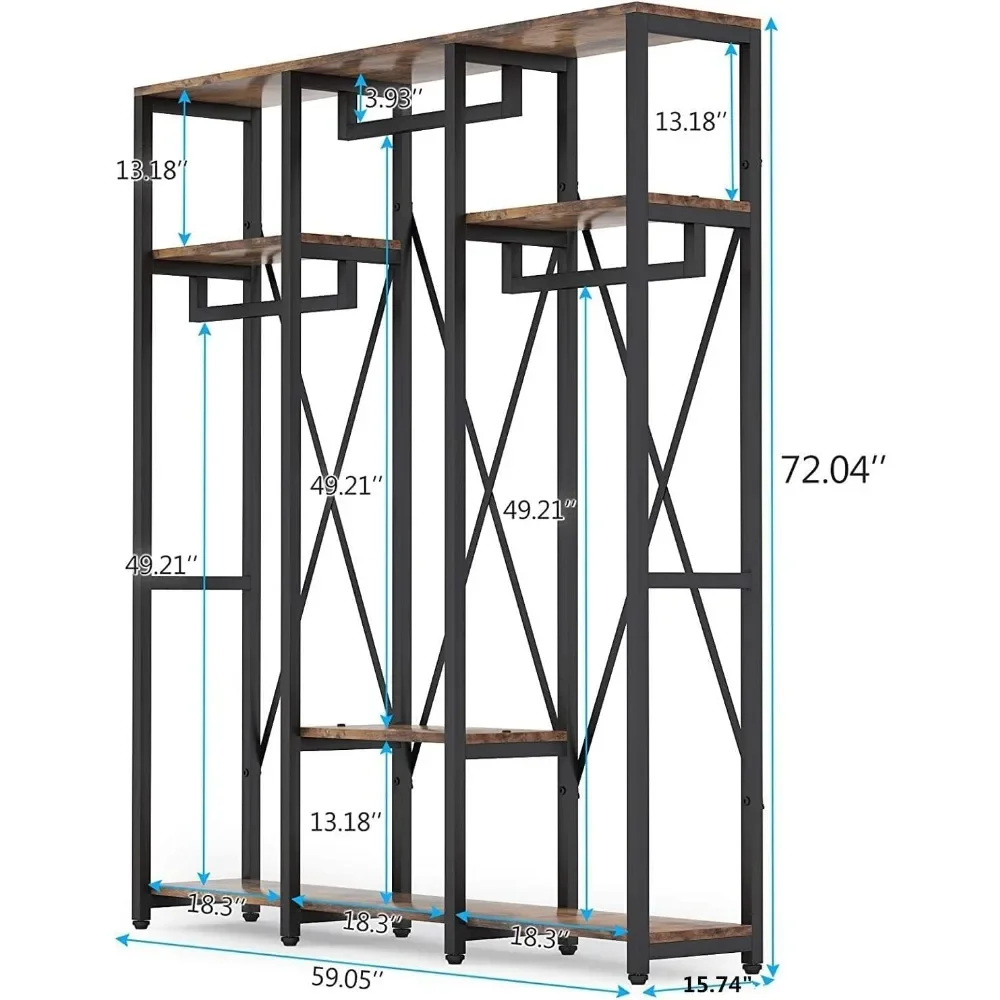 Freestanding Closet Organizer, Industrial 3 Rod Garment Rack with 4-Tier Storage Shelf, Rustic Wardrobe Rack Clothes Rack