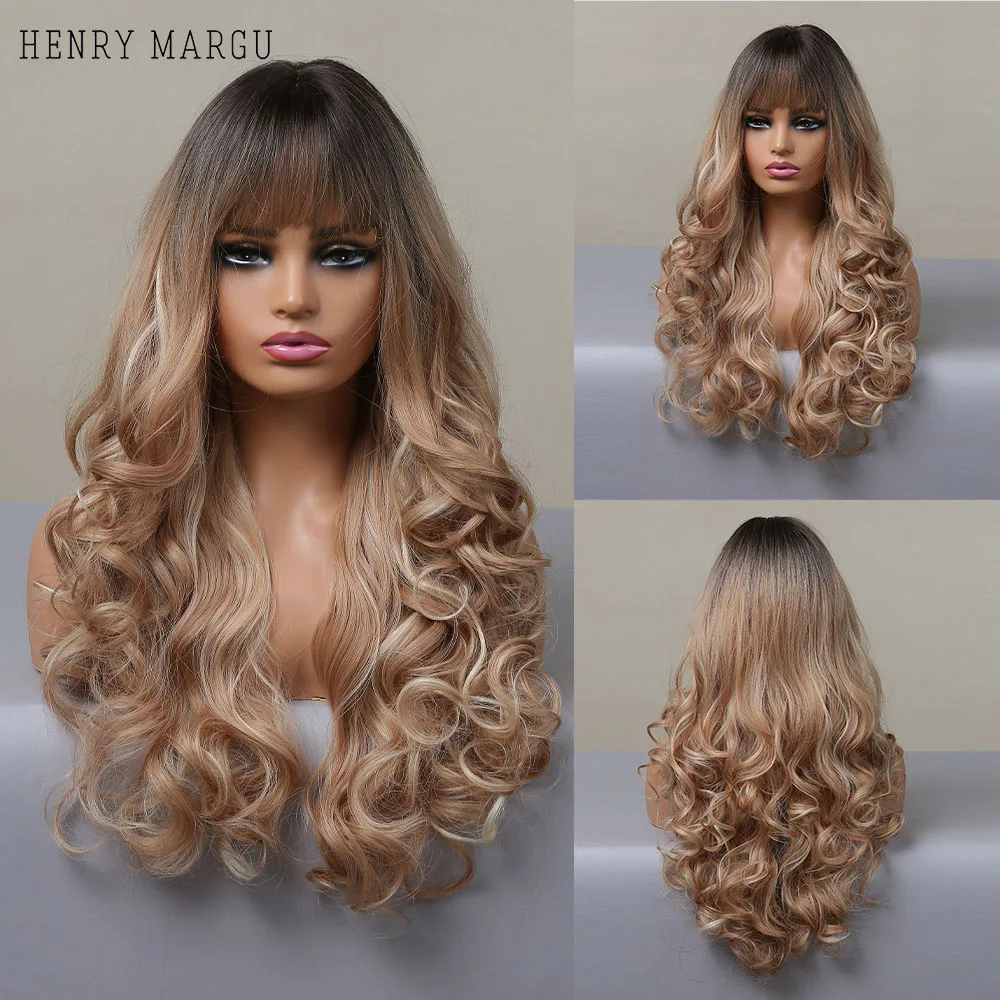 HENRY MARGU Ombre Brown Blonde Highlight Synthetic Hair Wigs with Bang Long Loose Wave Cosplay Wig Heat Resistant Fake for Women