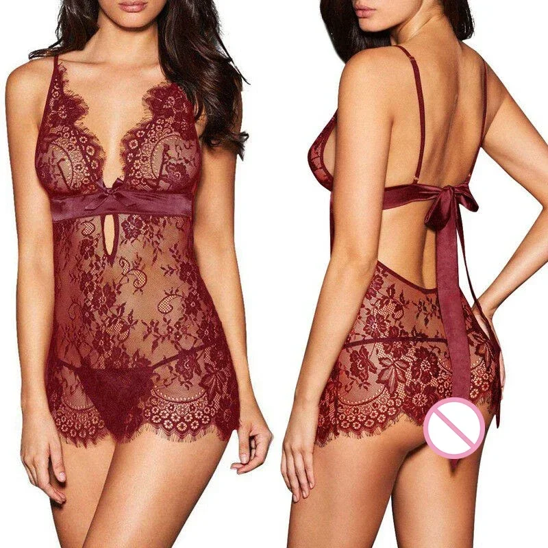 Lace Sexy Babydoll Lingerie Female Dress Backless See Through Nightdress Chemises Women Sleepwear Erotic Underwear