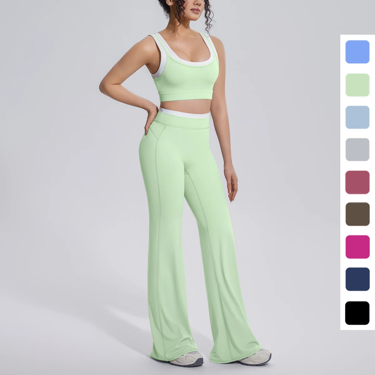 Sports Yoga Set for Woman 2PCS Color Blocking Shockproof Workout Top Yoga Brassiere High Stretch Loose Wide Leg Pants Yoga Suit