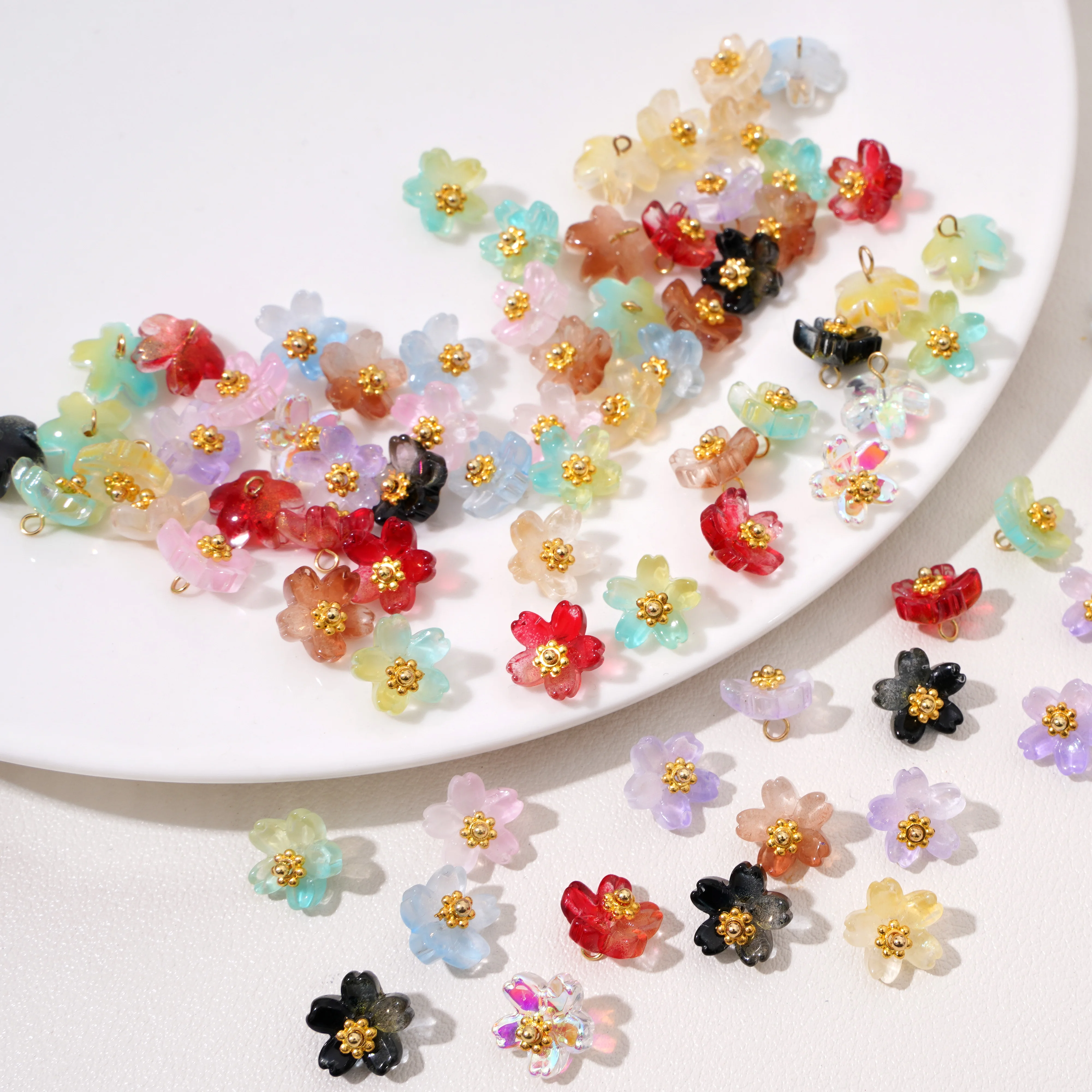 1/5Pcs 10mm Gradient Color Glass Cherry Blossom Pendant Flower Shape Charms for DIY Jewelry Making Bracelets Necklaces Accessori