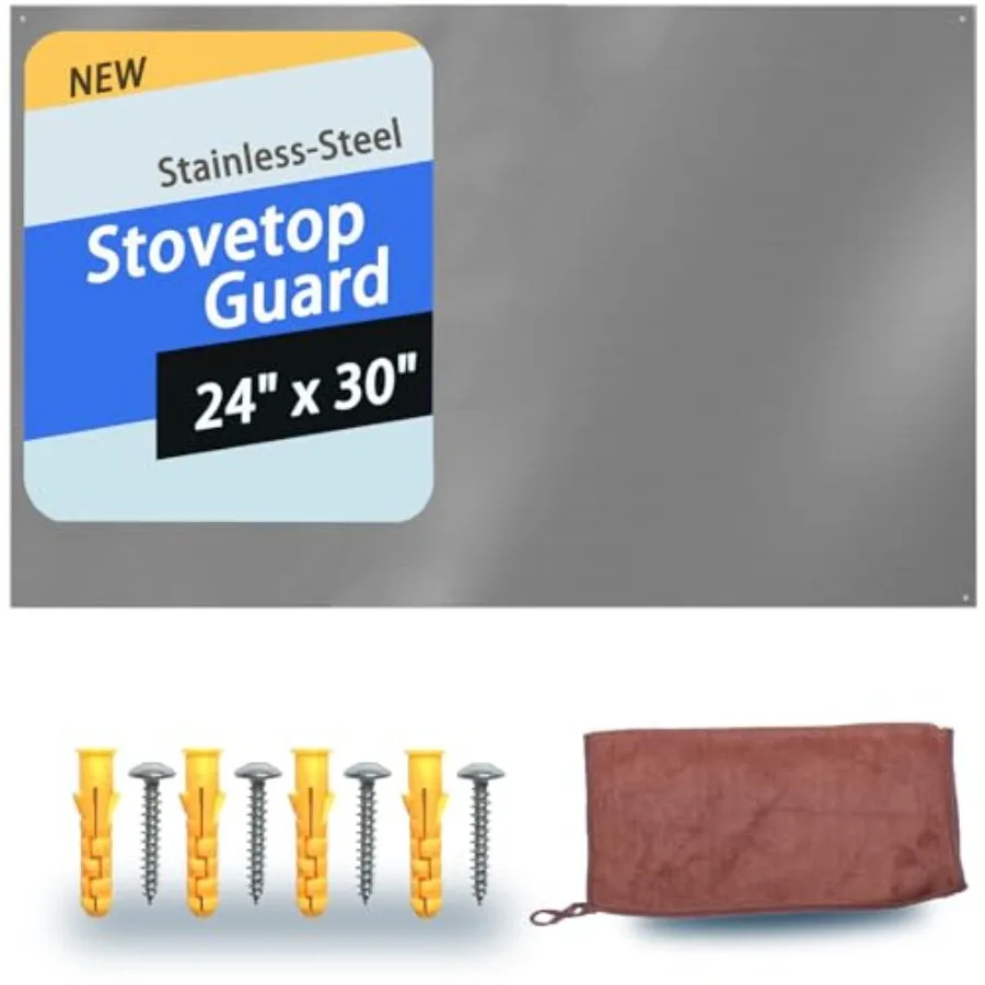 

24x30 Inch Stainless Steel Backsplash for Stove Metal Panel Splatter Guard for Stovetop with Microfiber Towel Pre-drilled Hole