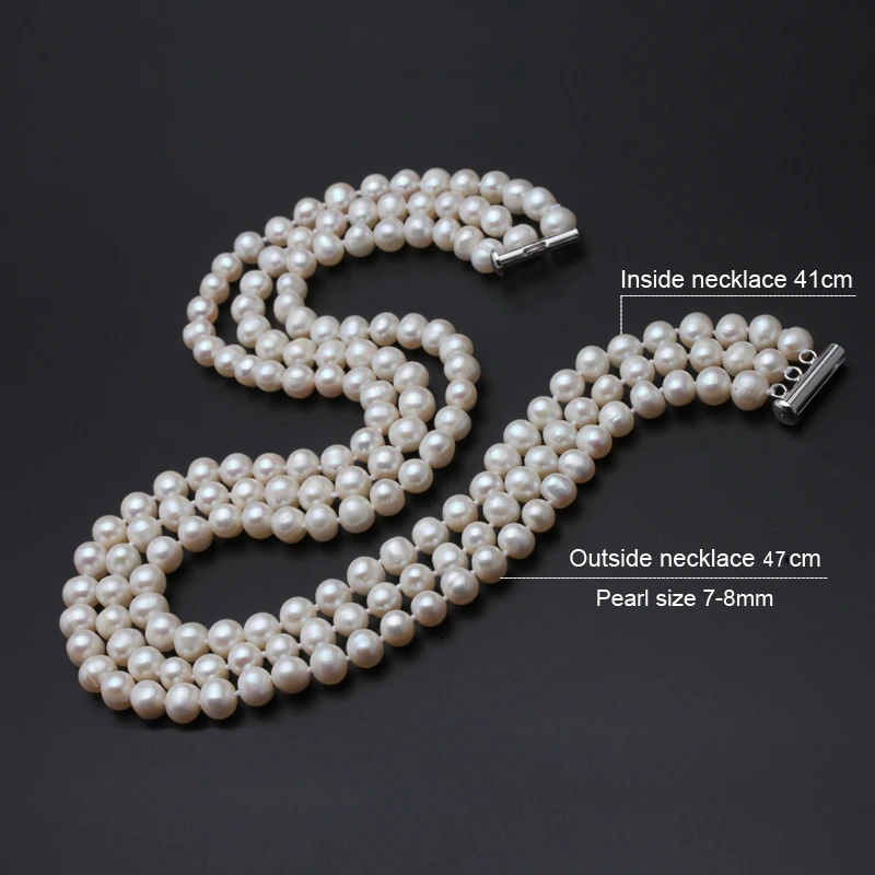 3 Rows Natural Freshwater Pearl Necklace Women,White 925 Silver Pearl Necklaces Wife Mother Anniversary Gift