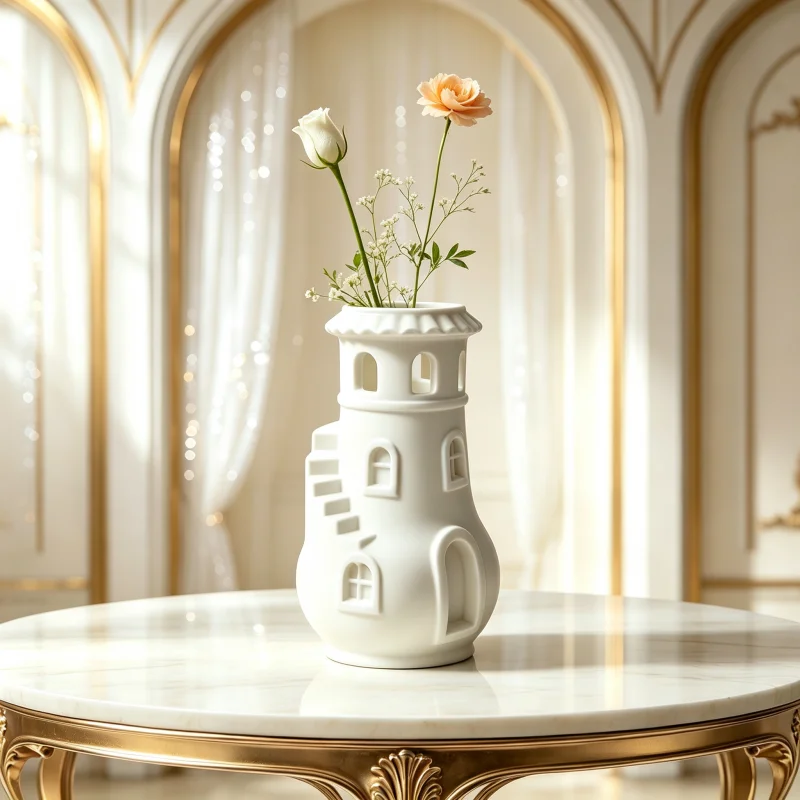 Romantic Castle-Style Small Desktop Flower Vase, Pure White Matte Material, Fantasy Cottage Sculpture Design, Exquisite Eaves and Arched Window Side Steps, Three-Dimensional Craftsmanship, Nordic Aesthetics, Elegant and Versatile, Delicate Texture, Easy to Maintain, Can Hold Single Roses, Tulips, or Small Bouquets, Suitable for Coffee Table, Dining Table, Shelf, Bookshelf Decoration, Unique Home Decor Item, Perfect for Housewarming, Holidays, and as a Gift