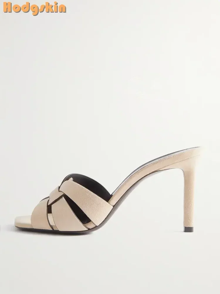 Sexy Woven Straps Slippers Leather Square Toe Shallow Pull-on Stilettos Dress Shoes 2025 Summer Women Outside Mules Thin Heeled