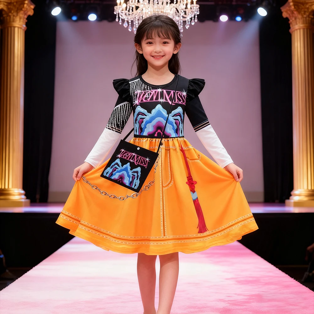 

K-Pop Demon Hunter Mira Cosplay Costumes Long Sleeve Print Dress With Bag Carnival Girls Party Dresses Christmas New Year Gifts