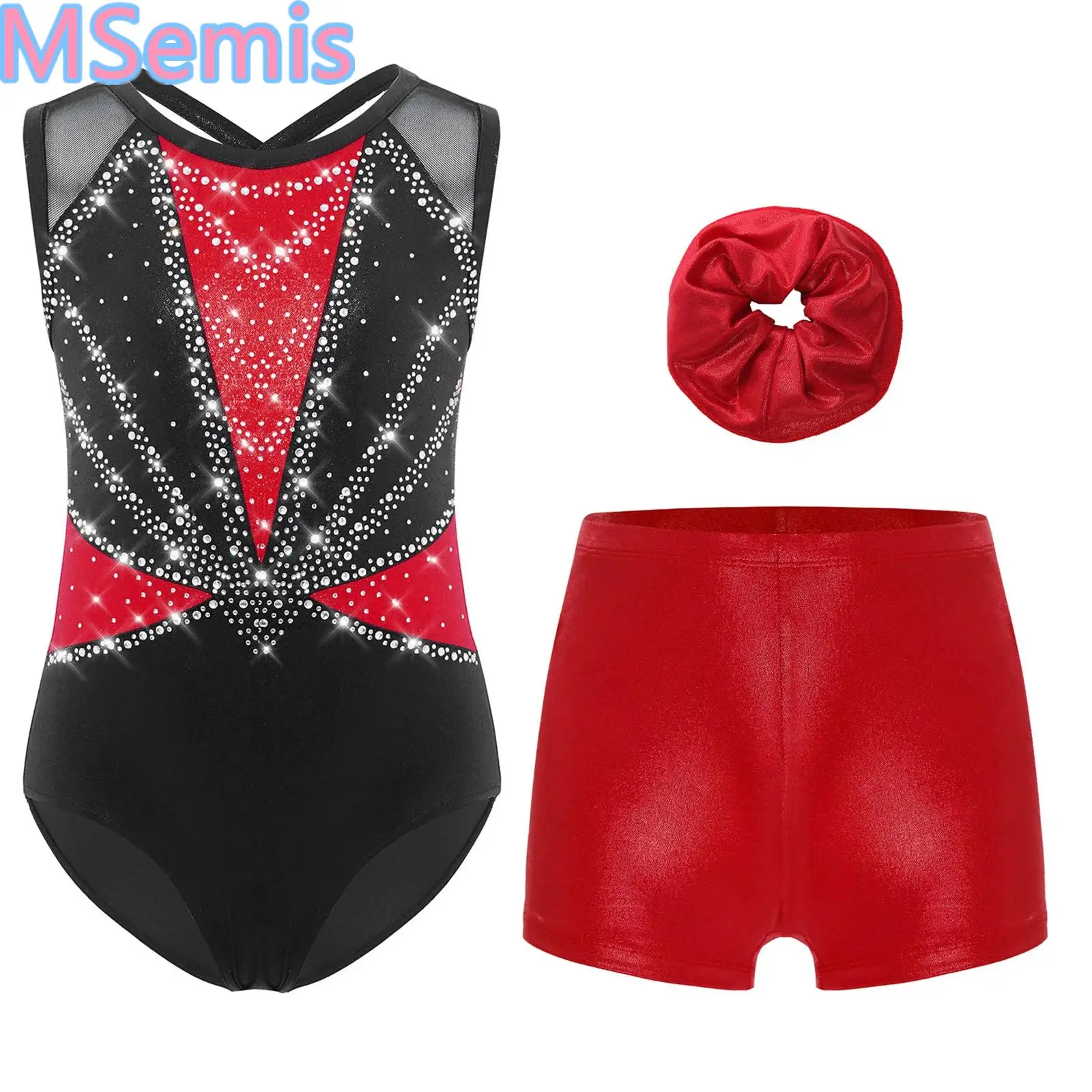 

Girls Sleeveless Ballet Dance Leotard Gymnastics Figure Skating Costume Rhinestones Metallic Bodysuit with Shorts Hairband Sets