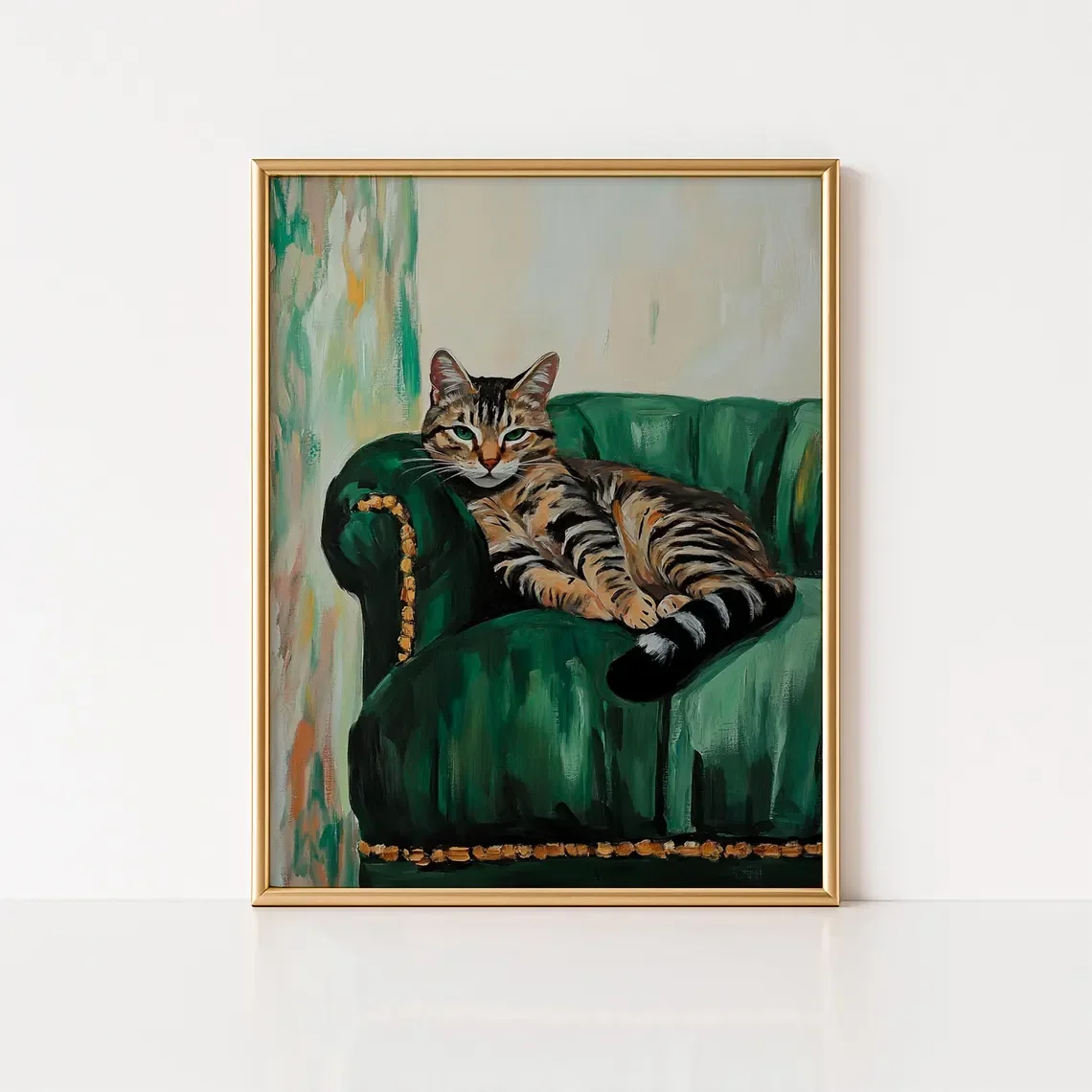 No Framed Printing Picture Retro Tabby Cat Green Armchair Wall Print Decor Elegant Feline Oil Painting Classic Living Room