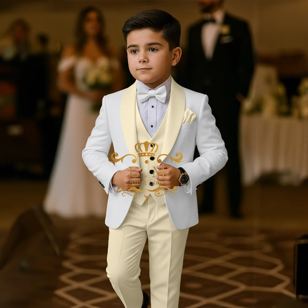 Kids White Tuxedo with Red Lapel 3-piece Set Jacket Vest Pants Custom Clothes of Boys Wedding Suit for Prom Party Gift