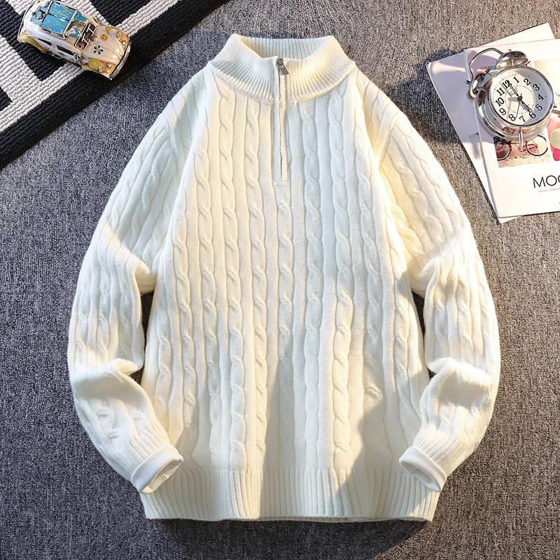 

Classic Cable Knit Sweater For Men Plain Color Zip Up Mock Neck Thick Warm Winter Pullover Casual Layering Sweater Mid Age