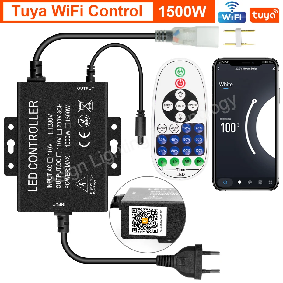 2Pin 220V LED Strip Light Controller for Single Color LED Neon Strip IR Remote/Bluetooth/Tuya Smart WiFi Controller 750W 1500W