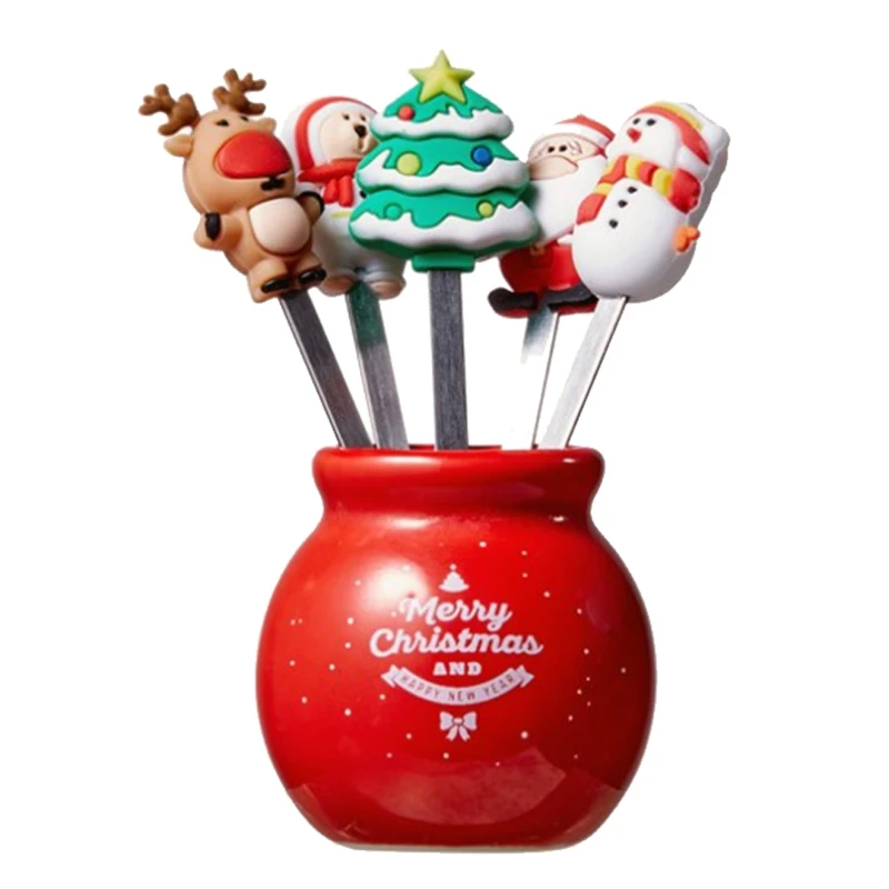 

Christmas Stainless Steel and Silicone Pattern Fruit Forks Dessert Forks Drop shipping