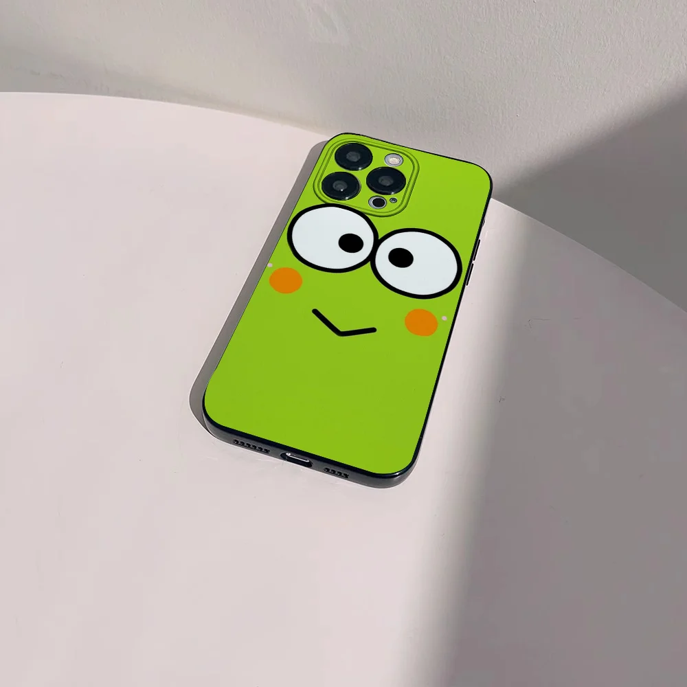 Cartoon K-Keroppi Green Frog Phone Case For IPhone 16 15 14 13 Pro Max 11 12 Mini X Xs XR Se 2022 Black Silicone Cover