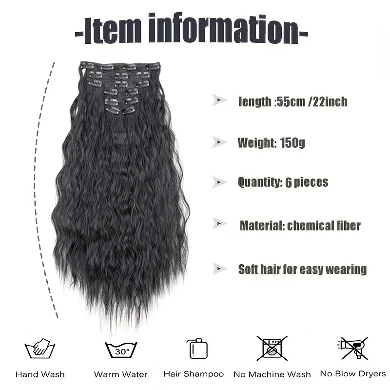 Clip-in-Haarverlängerungen, langes Wasserwellen-Kunsthaar zum Hinzufügen von Länge und Volumen, Corn Curly Clip-in-Verlängerung für Frauen – Detail 4