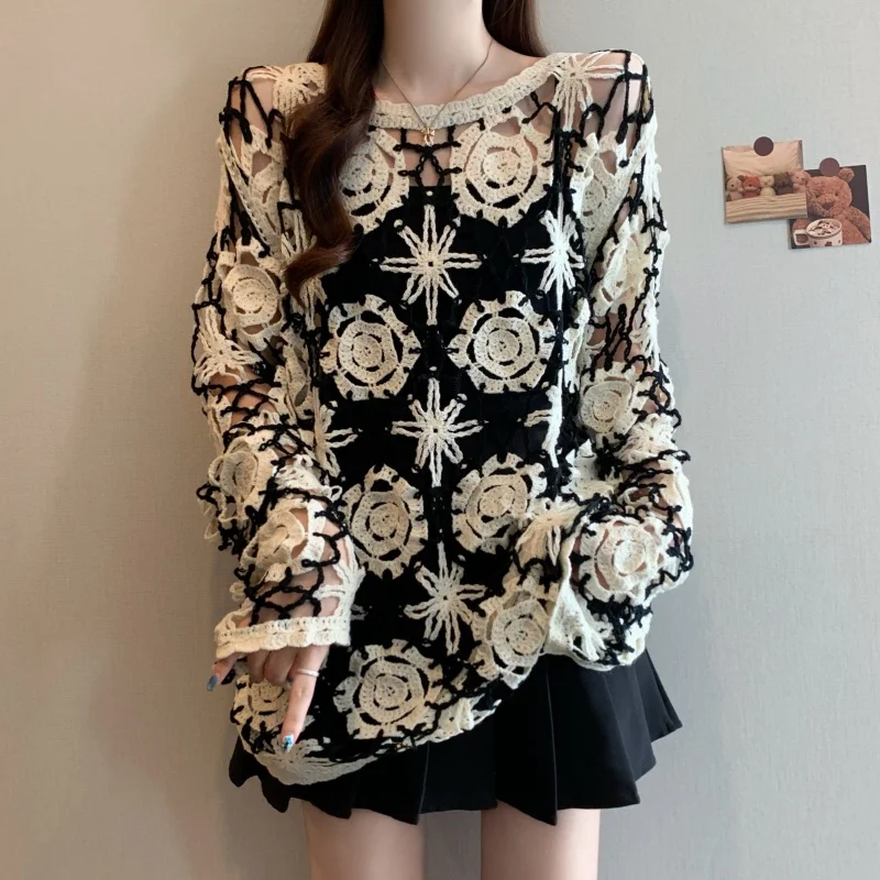 Luźny sweter z długim rękawem Elegancki kardigan Dekolt O-neck Szykowny kwiatowy ażurowy top w stylu bohemy Odzież plus size