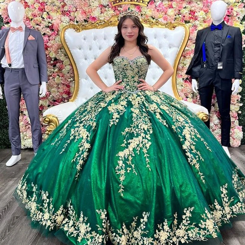 EVLAST Green Quinceanera Dress 2023 Sweetheart per 15 anni Ball Gown Gold Lace Appliques Sweet 16 Gown Vestido De 15 aecos TQD020