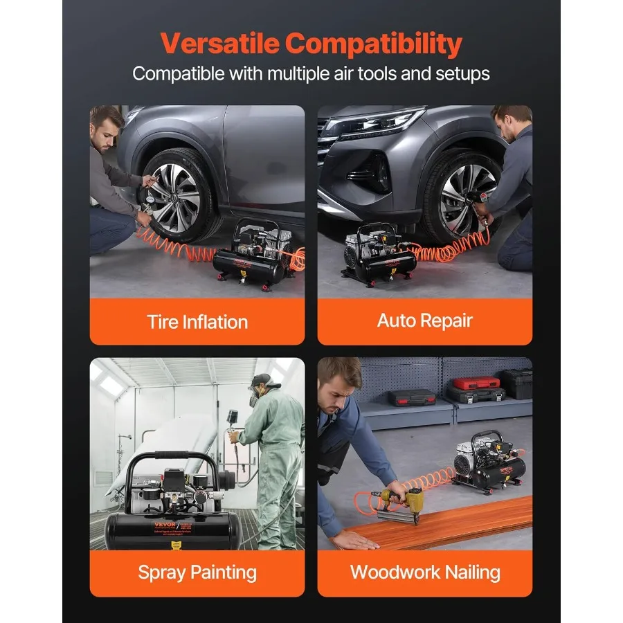 ضاغط هواء 1 جالون خزان فولاذي 1 حصان 1.5CFM @ 90PSI ضاغط هواء خالي من الزيت مع أقصى. 120 رطل لكل بوصة مربعة ضغط فائق الهدوء 78 ديسيبل بورتاب #6