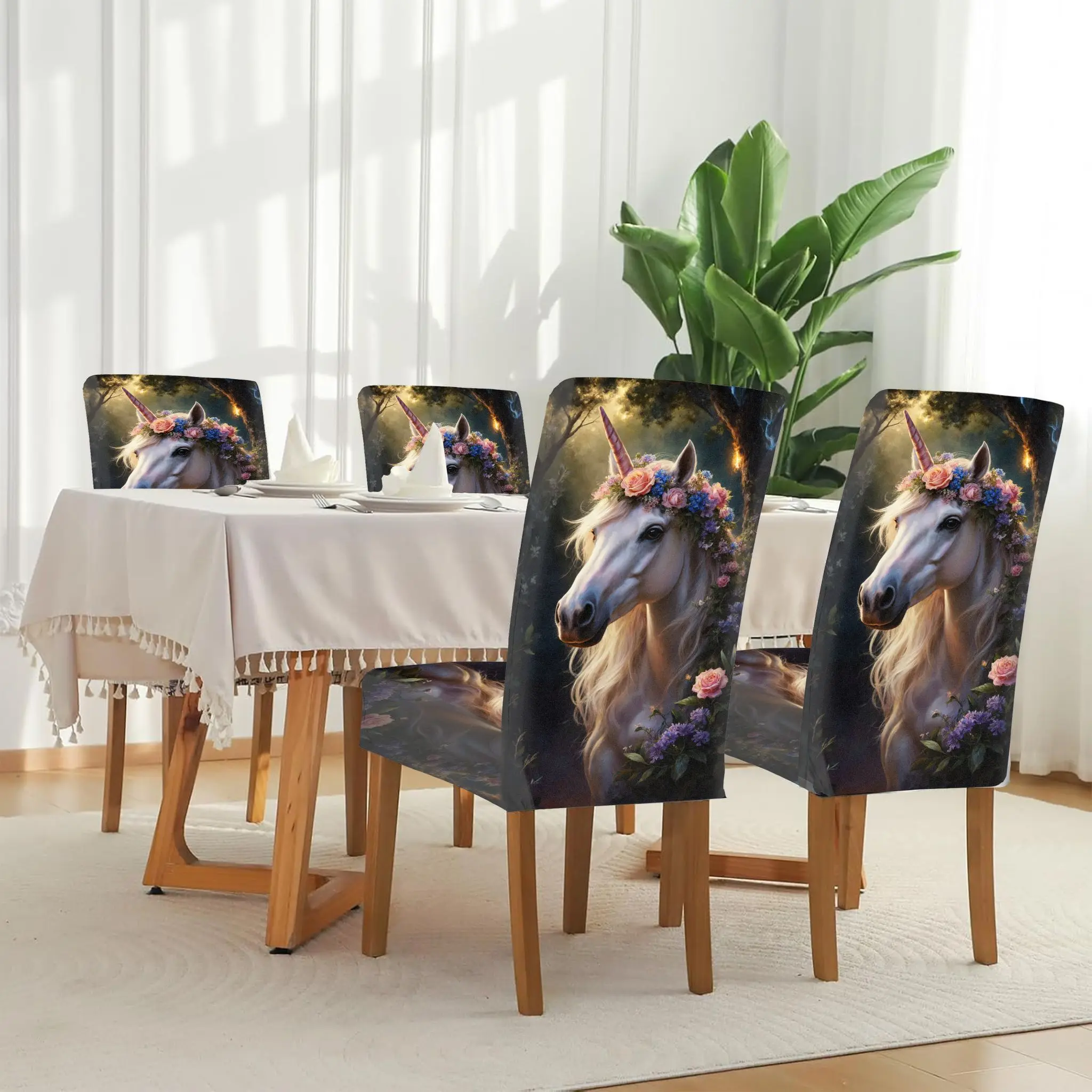 

Stretch Dining Chair Cover Dreamy White Unicorn Forest View Removable Washable Protective Cover for Home Dining Chairs