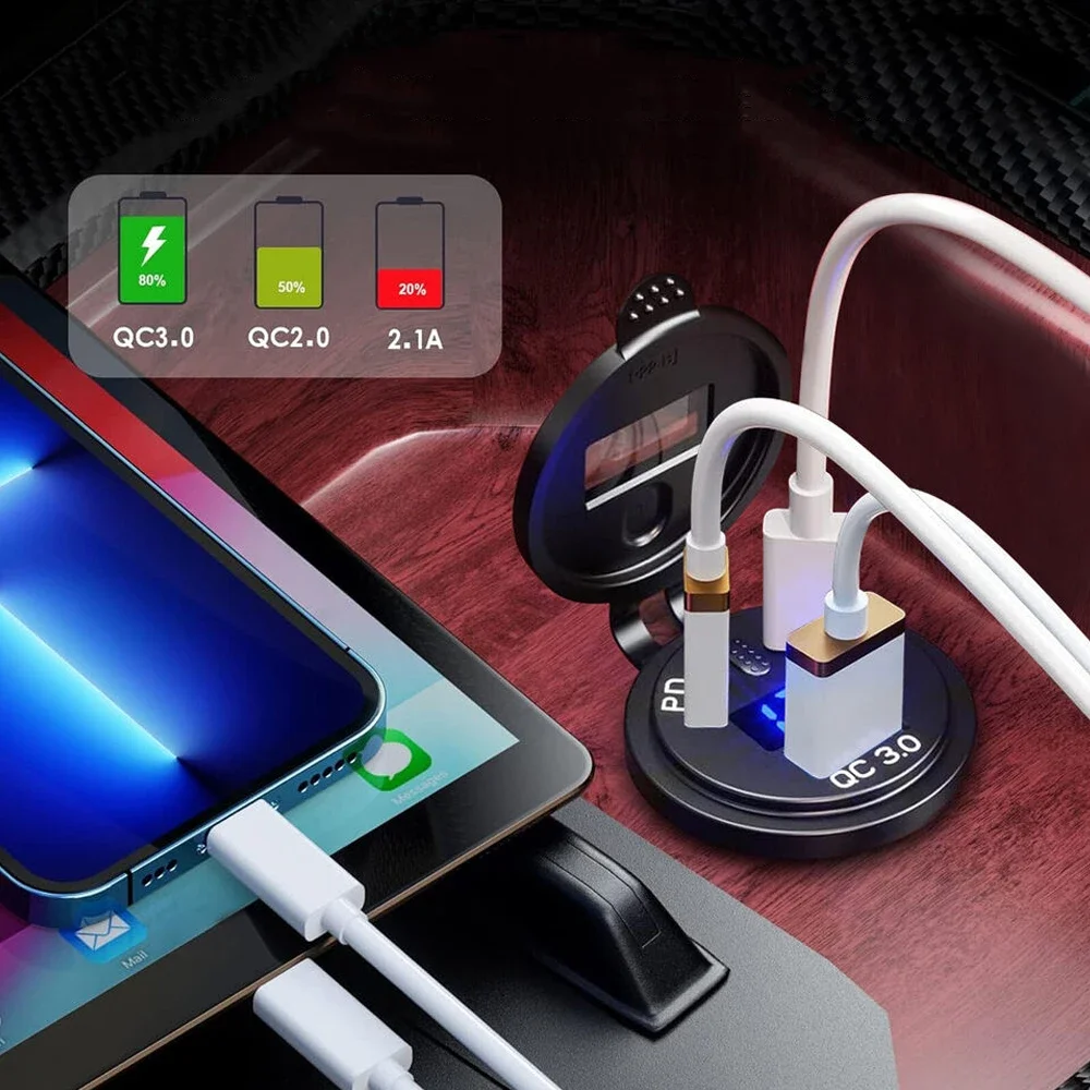 1pc Car Multifunctional Quick Charger Auto Accessories Universal Car PD USB Three Port Charger Black Car Digital Display Charger