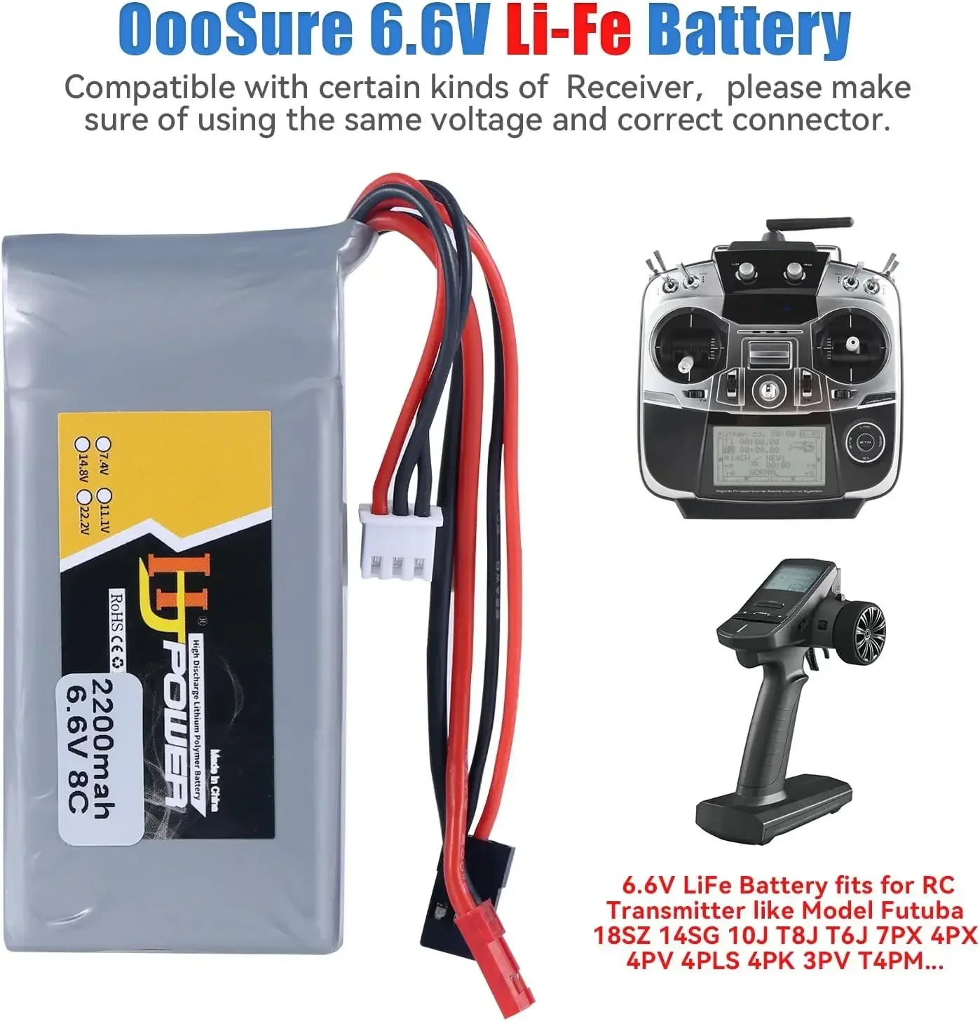 6.6V 8C 2200mAh LiFePO4 Battery for RC Receiver 18SZ 14SG 10J T8J T6J 7PX 4PX 4PV 4PLS 4PK 3PV T4PM with Futaba and JST Plug