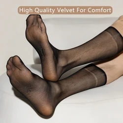 Calcetines ultrafinos 0D para hombre, calcetines de pantorrilla de seda negra de verano, calcetines antideslizantes con pegamento de puntos, medias transparentes, calcetines transpirables de terciopelo sexis