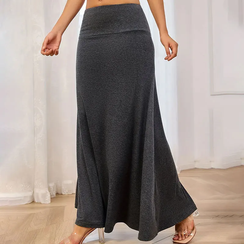 Falda larga de punto informal para mujer, falda larga de cintura alta con volantes, elegante, plisado, línea A, verano 2025