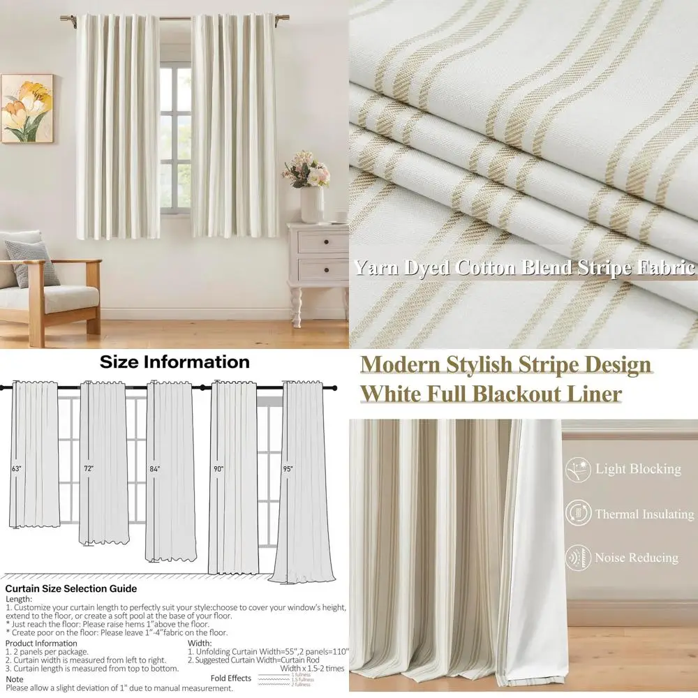 

63 Beige Stripe Cotton Blend Curtains with White Liner for Living Room, Light Filtering, Modern Design, 55W x 63L Pair